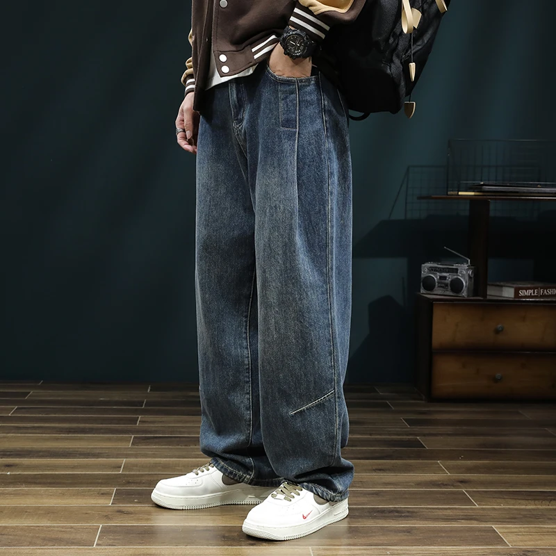 Kuvine秋季2025新款高街复古牛仔裤男宽松潮牌阔腿垂感休闲长裤子