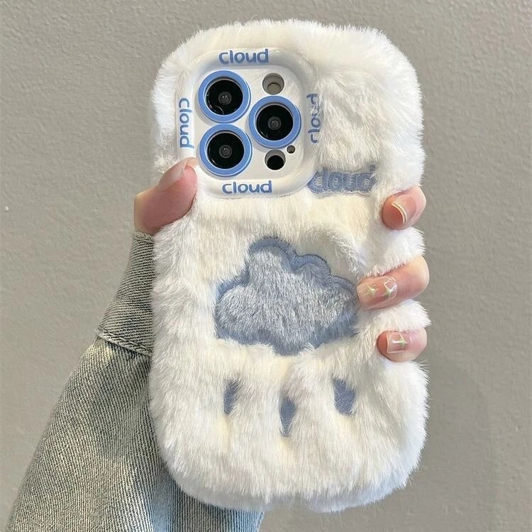 白毛绒云朵蓝苹果14手机壳新款iPhone15promax防摔13软壳12小众11