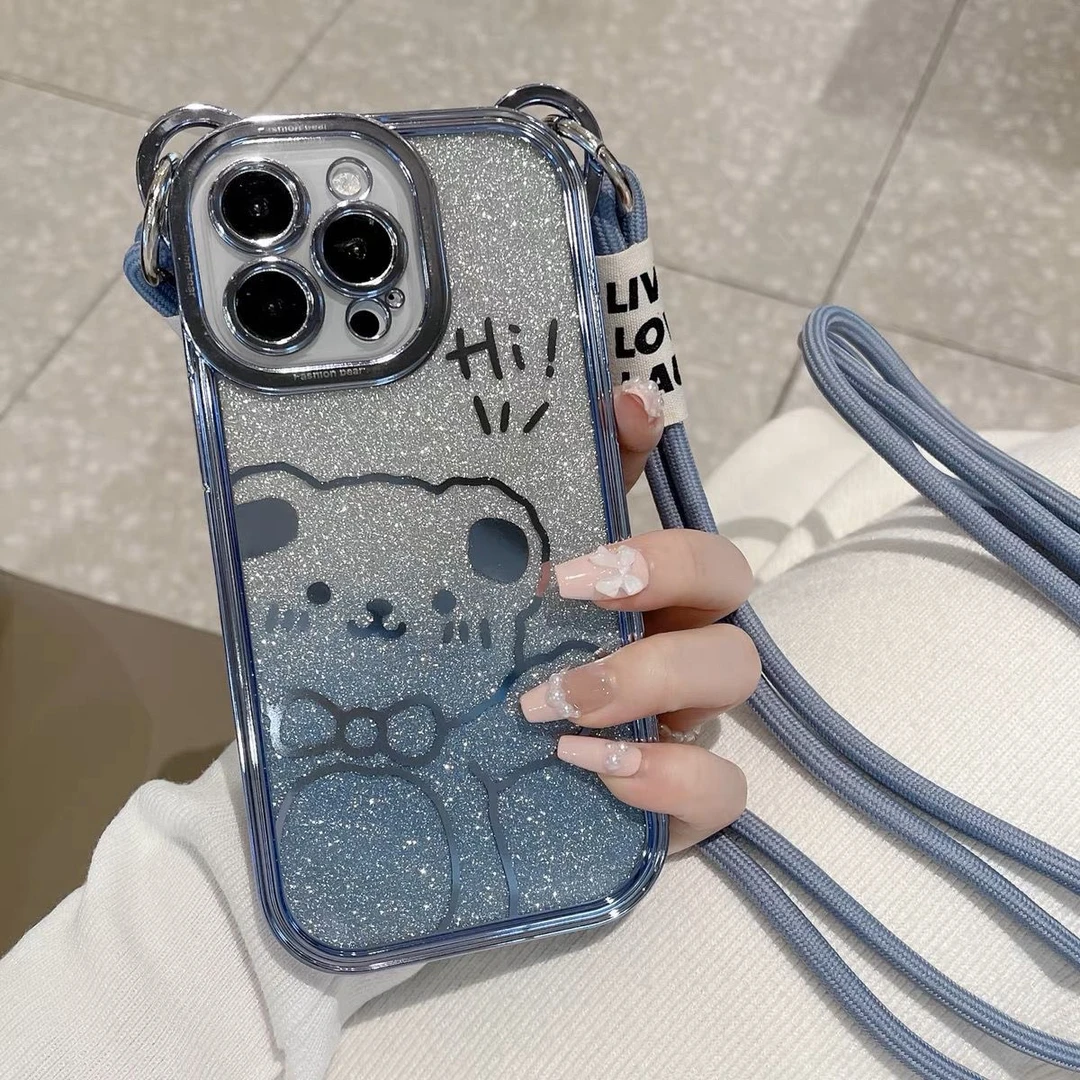 透明小熊苹果14promax斜挎手机壳iPhone13闪粉12/11挂绳防摔高级x