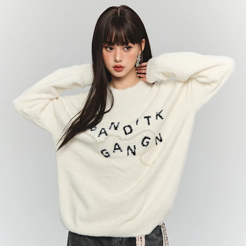 BANDITK GANGN仿水貂绒珍珠毛衣早春纯色圆领宽松套头针织衫