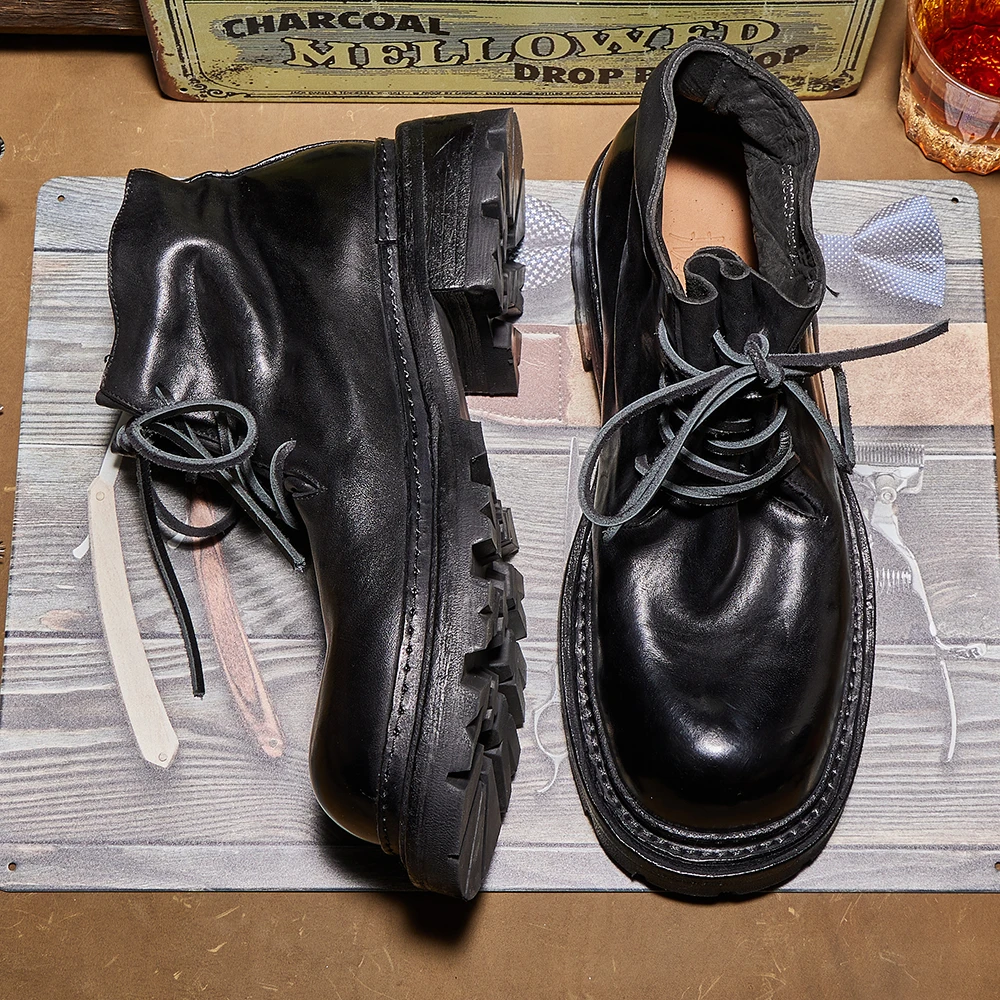 秋冬圆头百搭男士男鞋复古潮流厚底英伦沙漠靴棕色时尚马皮靴E254