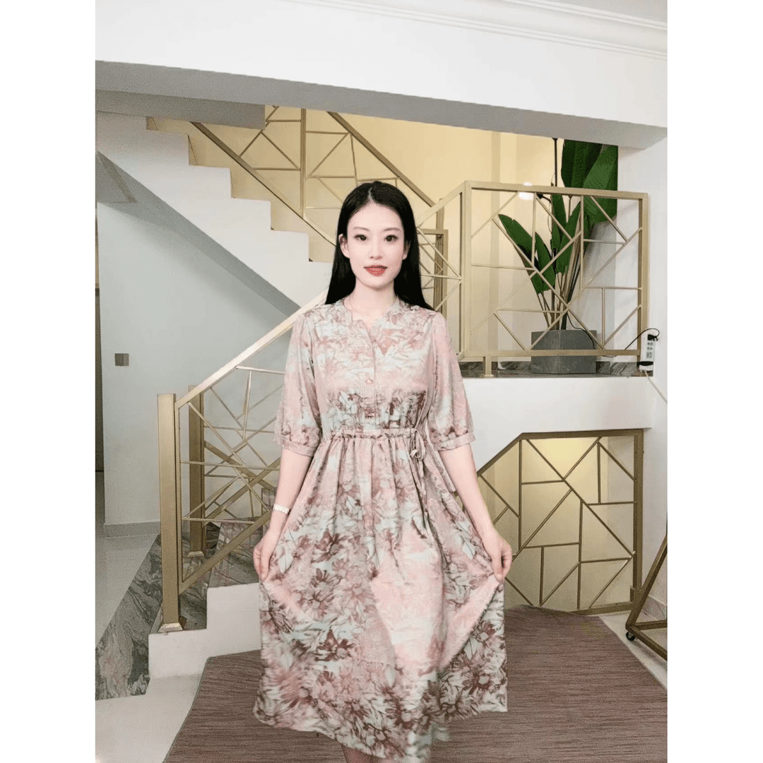 0357透气裙子妈妈装撞色琉璃高贵新款妈妈装洋气收腰过膝法式