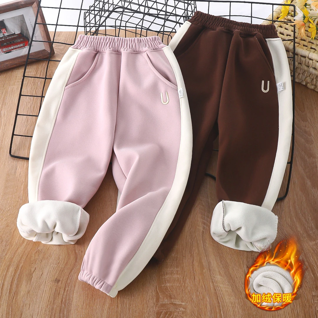 加厚儿童U字母刺绣卫裤儿童拼接休闲卫裤