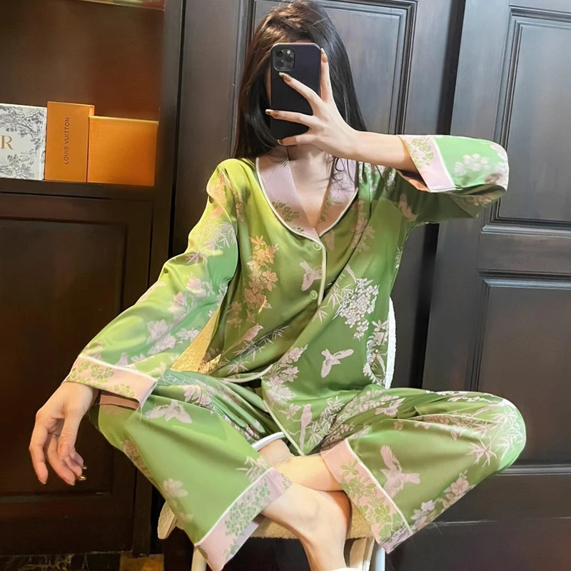 新款冰丝睡衣女士春秋长袖长裤夏季直播爆款国风家居服套装可外出