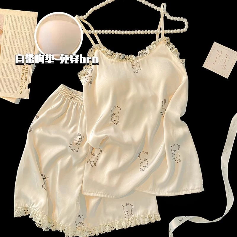 吊带睡衣女款夏季2024新款冰丝背心夏天带胸垫宽松家居服两件套装