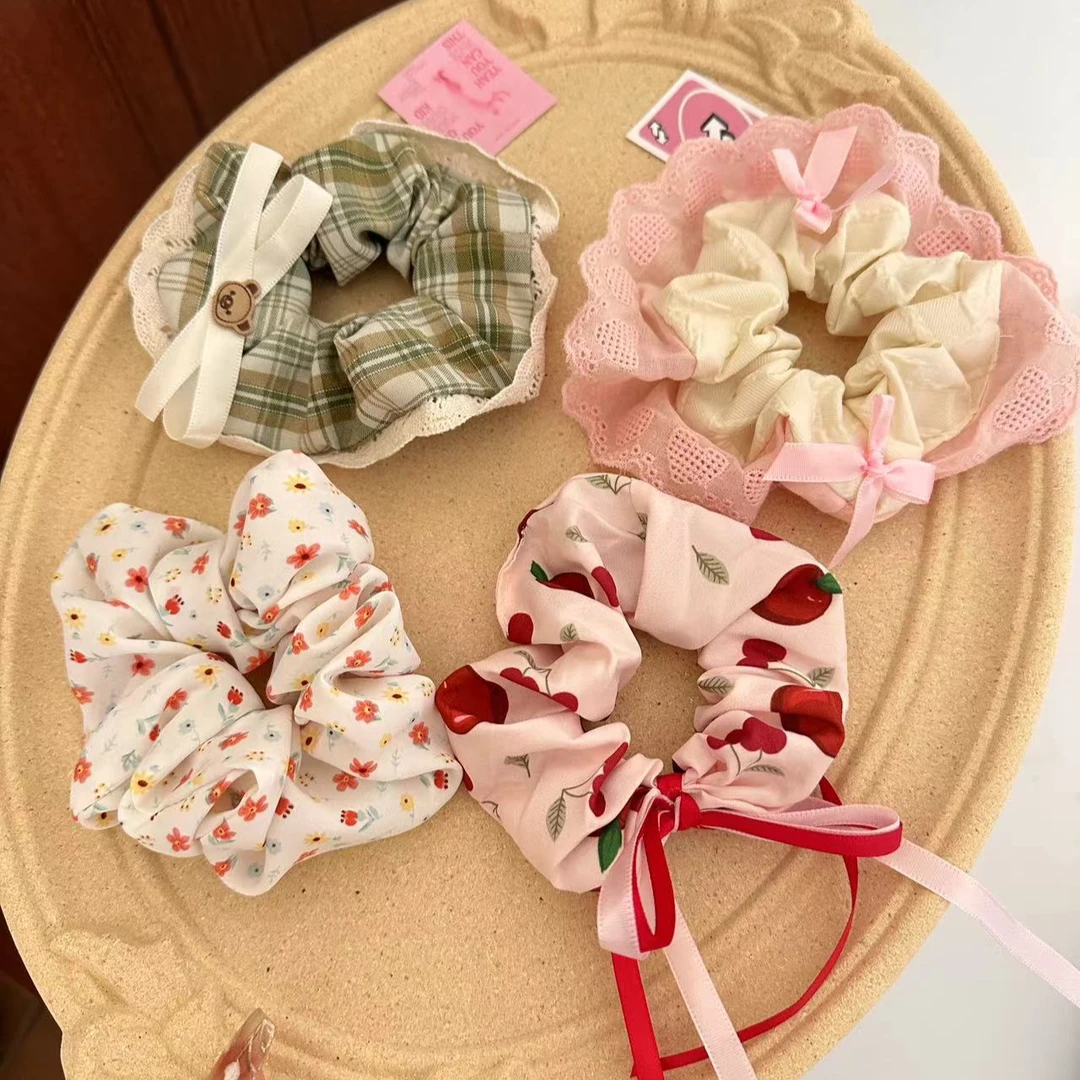 粉色樱桃法式格子蕾丝花边甜美大肠发圈可爱奶油甜妹发绳