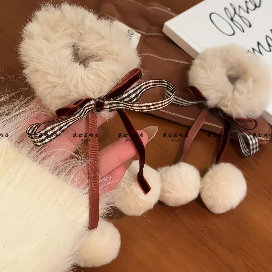 百搭秋冬毛绒发圈超仙气质蝴蝶结毛毛头绳扎马尾发绳毛球飘带发饰