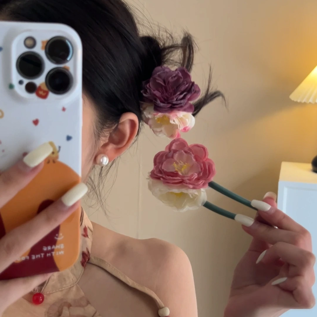 高级感网纱枯花U型发簪女后脑勺盘发古风簪子新中式现代发钗头饰