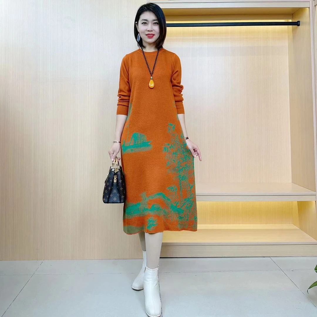 高级感百搭大码春秋冬季长款针织气质时尚打底过膝网红宽松连衣裙