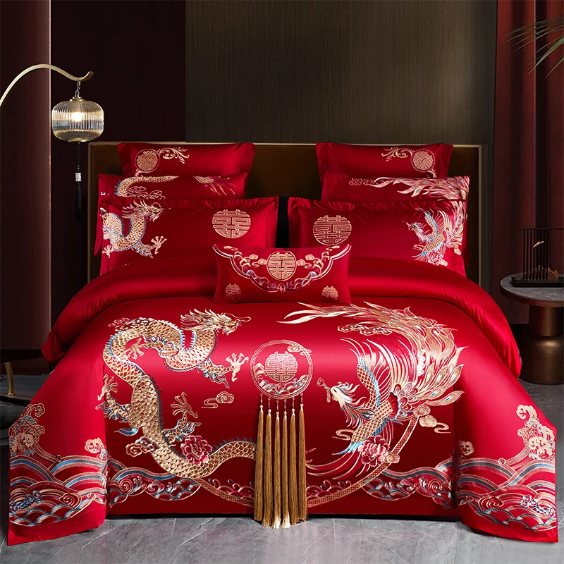 高端婚庆四件套全棉刺绣结婚纯棉大红色婚房礼刺绣喜被床上用品