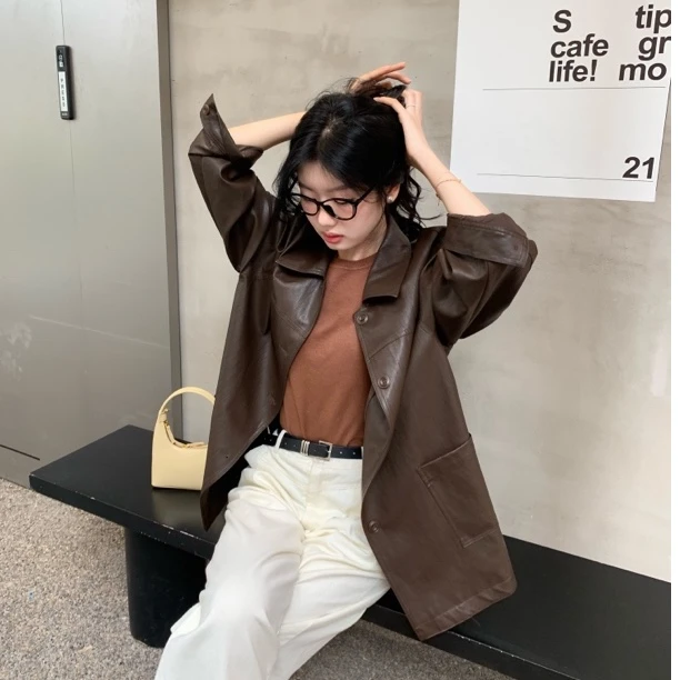 【Rae】 美拉德风时尚简约咖色纯色早秋新款 复古pu皮衣r015