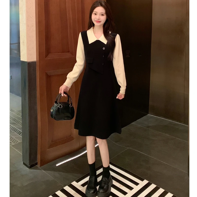 胖mm遮肉显瘦假两件拼接Polo领针织连衣裙8864