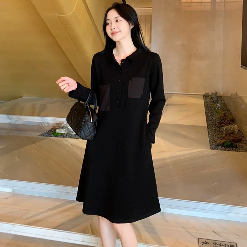 胖mm遮肚显瘦赫本风小黑裙气质打底A字裙polo领休闲连衣裙8896
