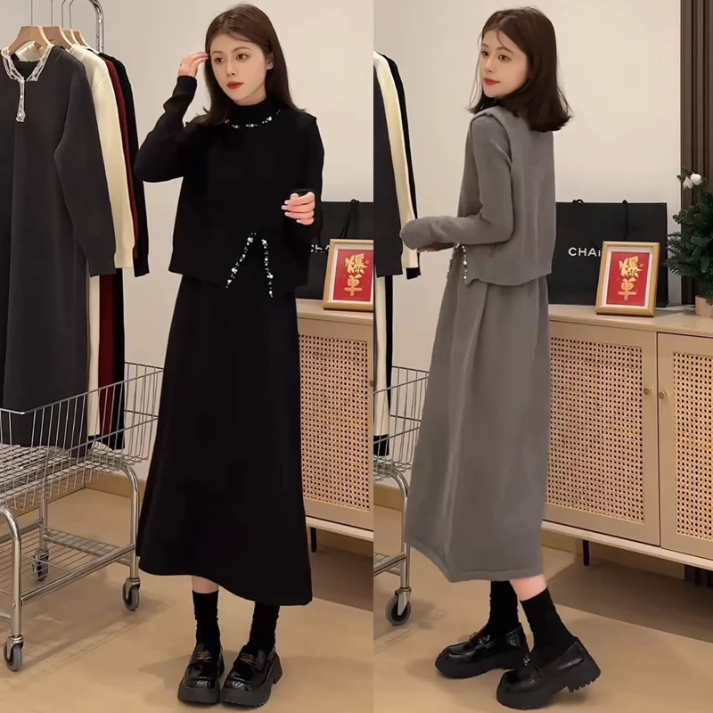 2024新款时尚套装钉珠针织衫A字裙两件套针织毛衣打底连衣裙8833