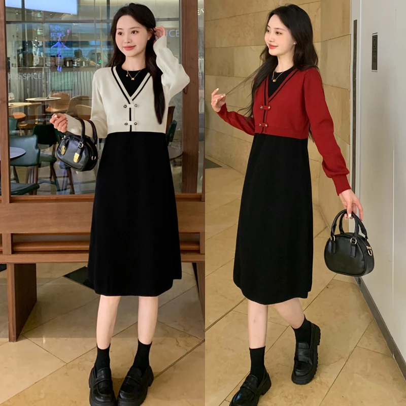 艾墨儿秋冬装小香风假两件拼接针织连衣裙气质洋气日常新中式886