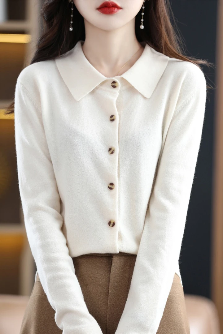 女百搭时尚显瘦衬衣POLO领毛衣长袖毛衣气质翻领秋冬