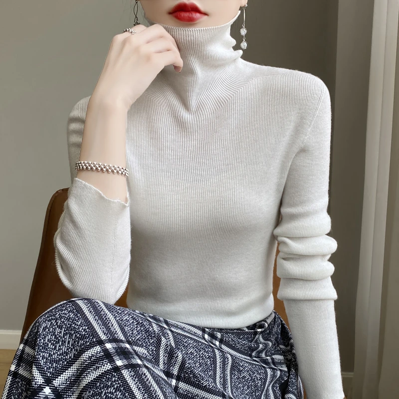 女秋季新款一线成衣高领堆堆领精纺羊长袖毛衫修身显瘦针织打底衫