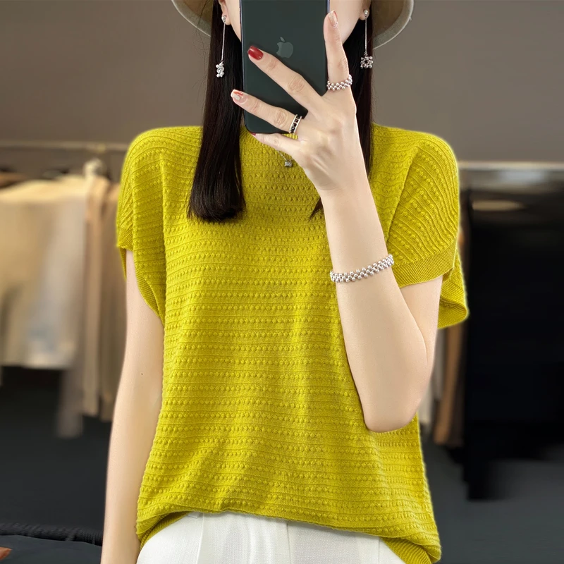 女夏季新款短袖一线成衣精纺毛衣针织衫镂空宽松圆领套头