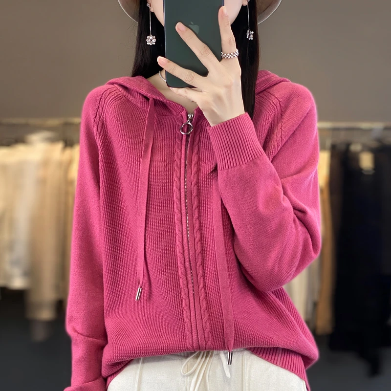 欧货双拉链女秋季新款连帽上衣针织衫毛衣开衫时尚百搭宽松大码