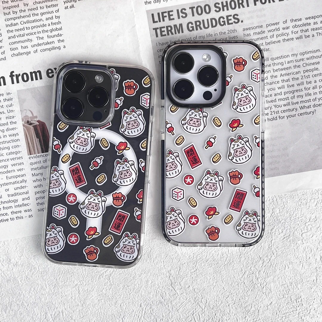 招财开运娃娃卡通透明磁吸防摔适用13/14/15promax苹果手机壳