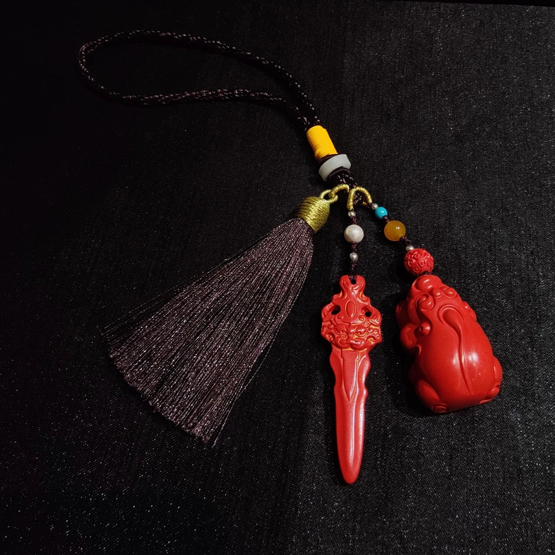 含辰砂工艺品【排队】红貔貅大宝剑流苏手工挂件/个FL-1345