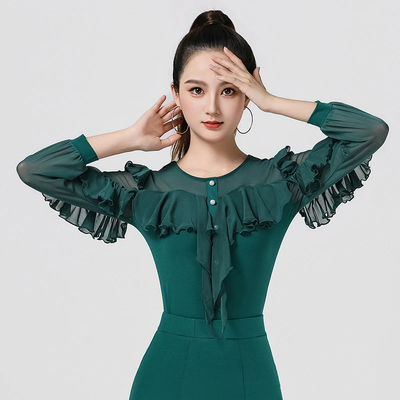 Y07高端国标摩登舞上衣女舞蹈练功长袖2024新款舞衣成年服装显瘦