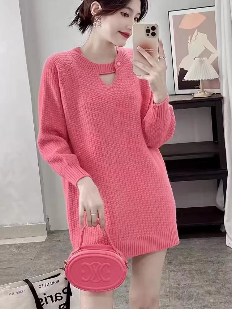 时尚百搭中长款套头毛衣女秋冬慵懒风打底连衣裙2025年新款亮丝裙