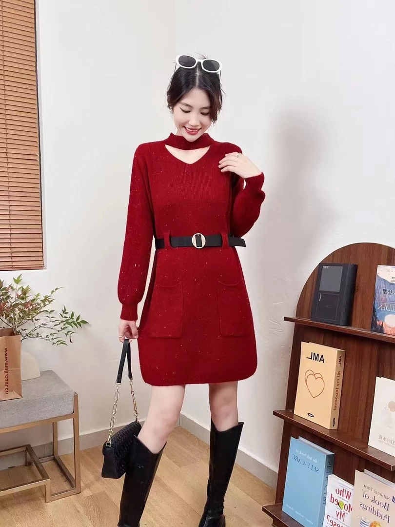 针织ol连衣裙女气质甜美上衣2025秋冬新款红色腰带显瘦中长打底裙