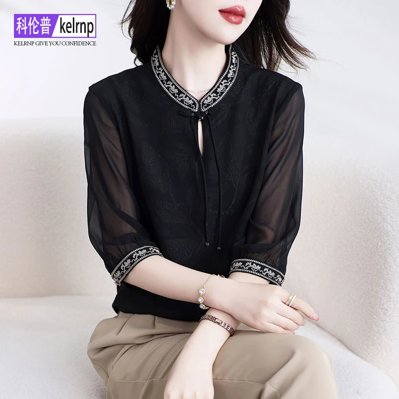 重磅真丝t恤女2024夏新款大码短袖OL刺绣提花纯色100%桑蚕丝上衣