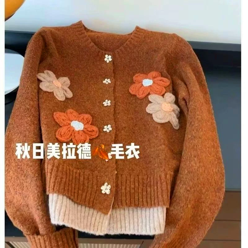 9218#花朵毛衣外套女2024秋冬大码胖mm正肩针织开衫上衣