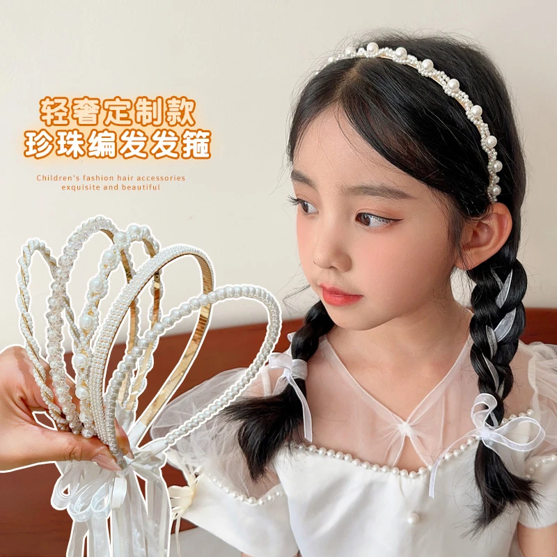 外出新款发饰编发发箍女童超仙珍珠飘带发卡小女孩不勒头发卡头饰