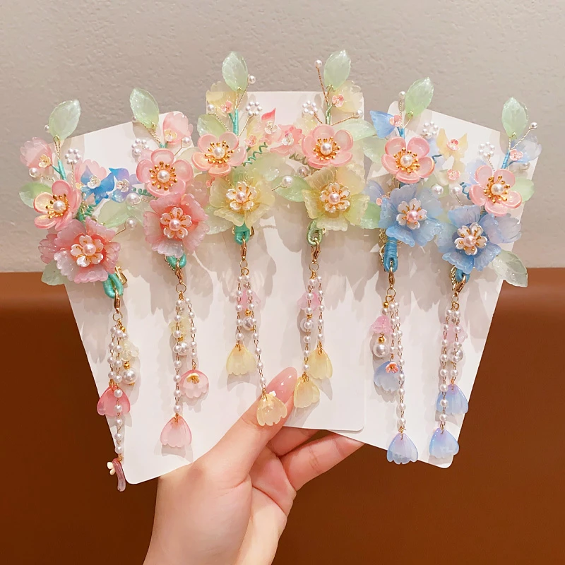 汉服古风头饰女童超仙中国风花朵流苏发夹小女孩公主古装演出发饰