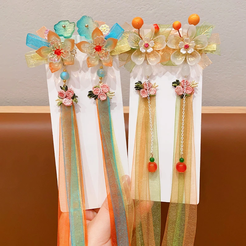 汉服女童头饰儿童古风花朵珍珠流苏飘带发夹超仙女孩步摇古装发饰