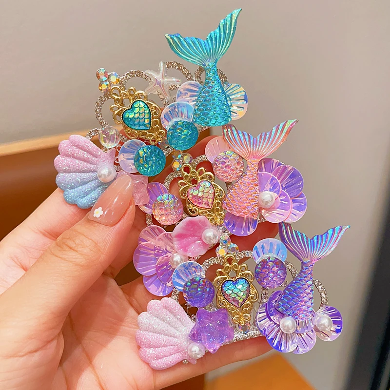 美人鱼皇冠头饰女童生日王冠立体发卡小女孩前额刘海插梳儿童发饰