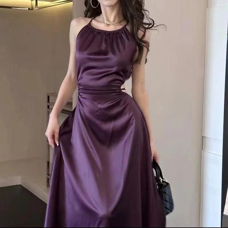 【罗哥】法式褶皱气质露腰挂脖缎面收腰春夏超显瘦连衣裙 LL62863