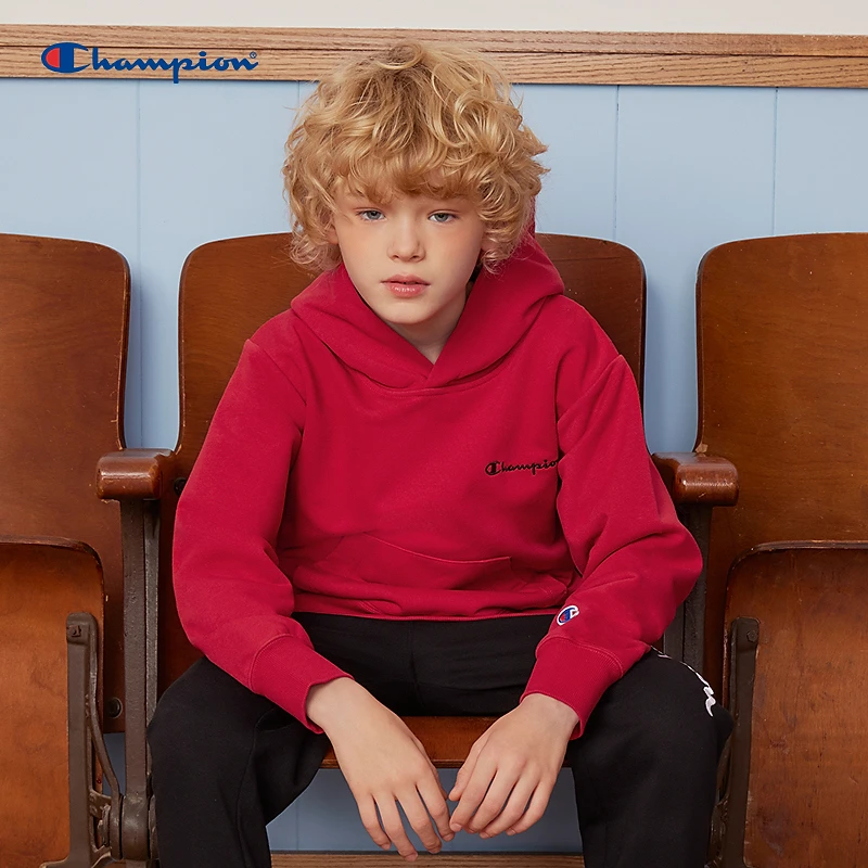 Champion冠军儿童2024秋冬纯色小LOGO百搭连帽卫衣CAS102