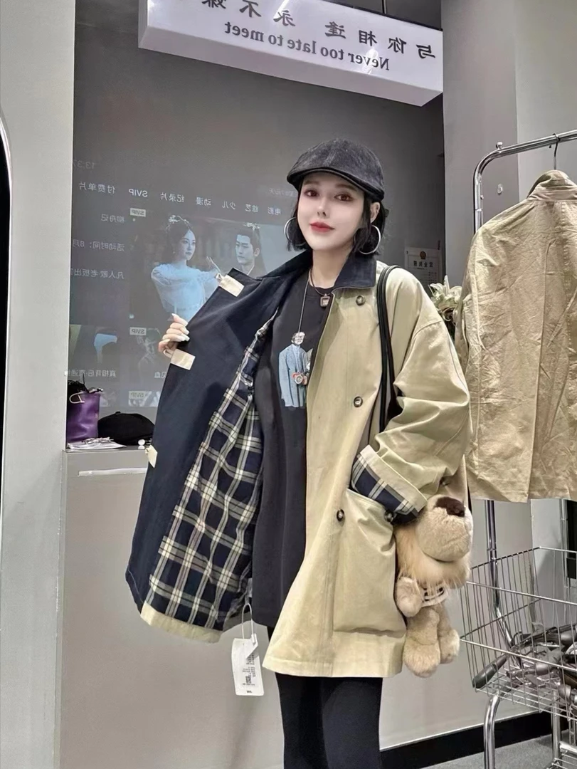 2025单款翻领款韩系风衣时尚拼格子设计休闲外套