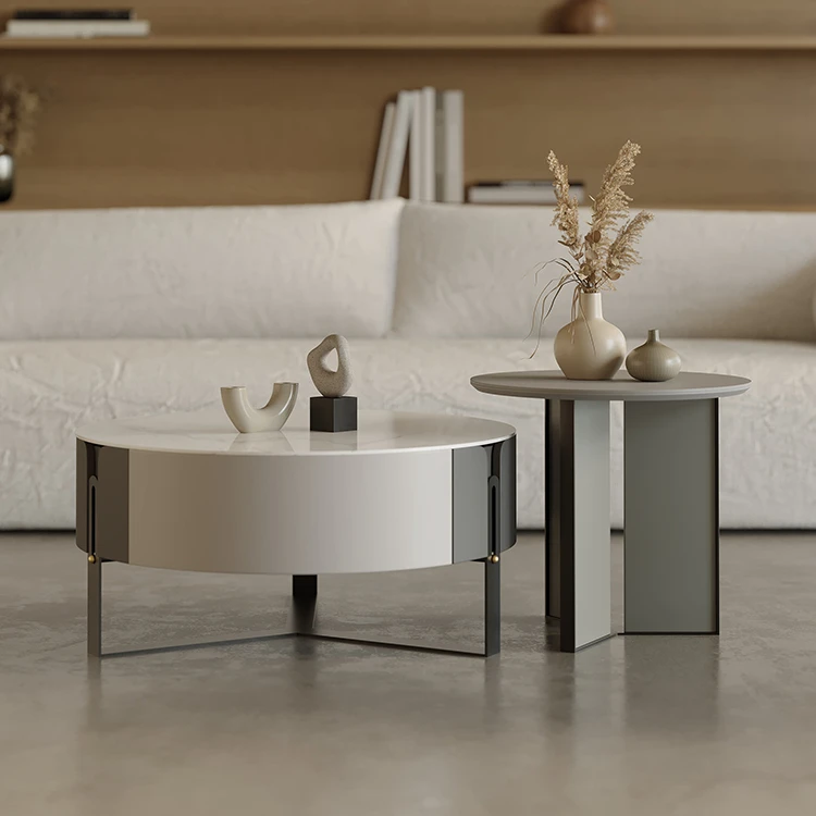 岩板圆形大小茶几电视柜组合高端轻奢设计师款侘寂风新款客厅家用