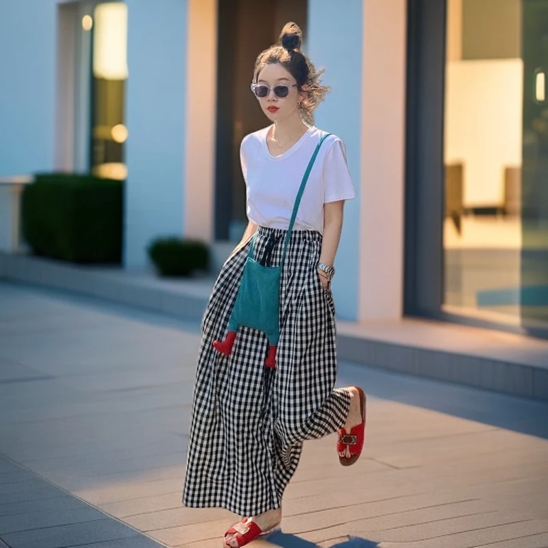 夏季加肥加大码a字半身裙裤外穿休闲印花波点九分直筒阔腿裤女ins