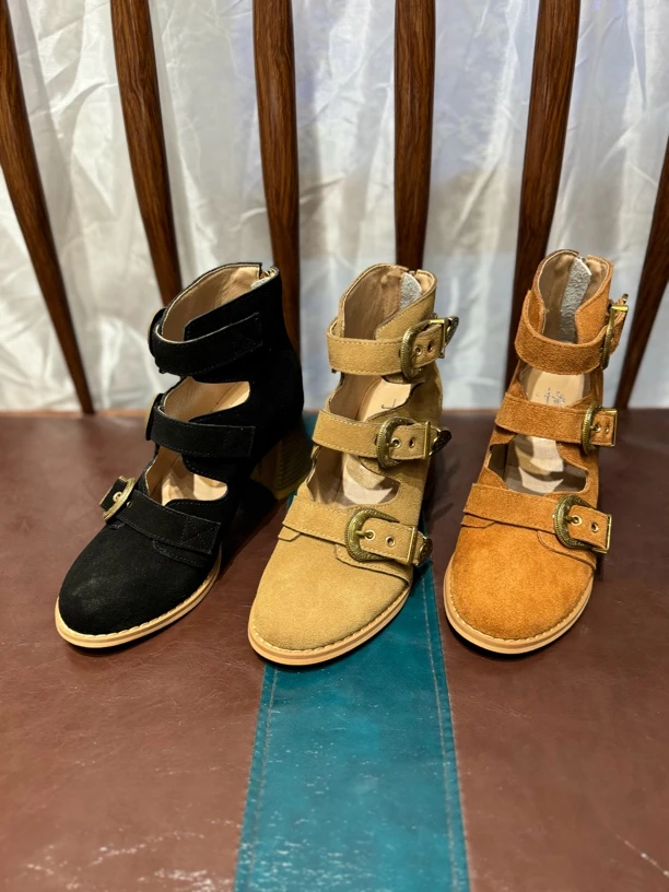 551-10  罗马鞋女高跟磨砂欧美复古金属尖头粗跟西域编织镂空凉靴