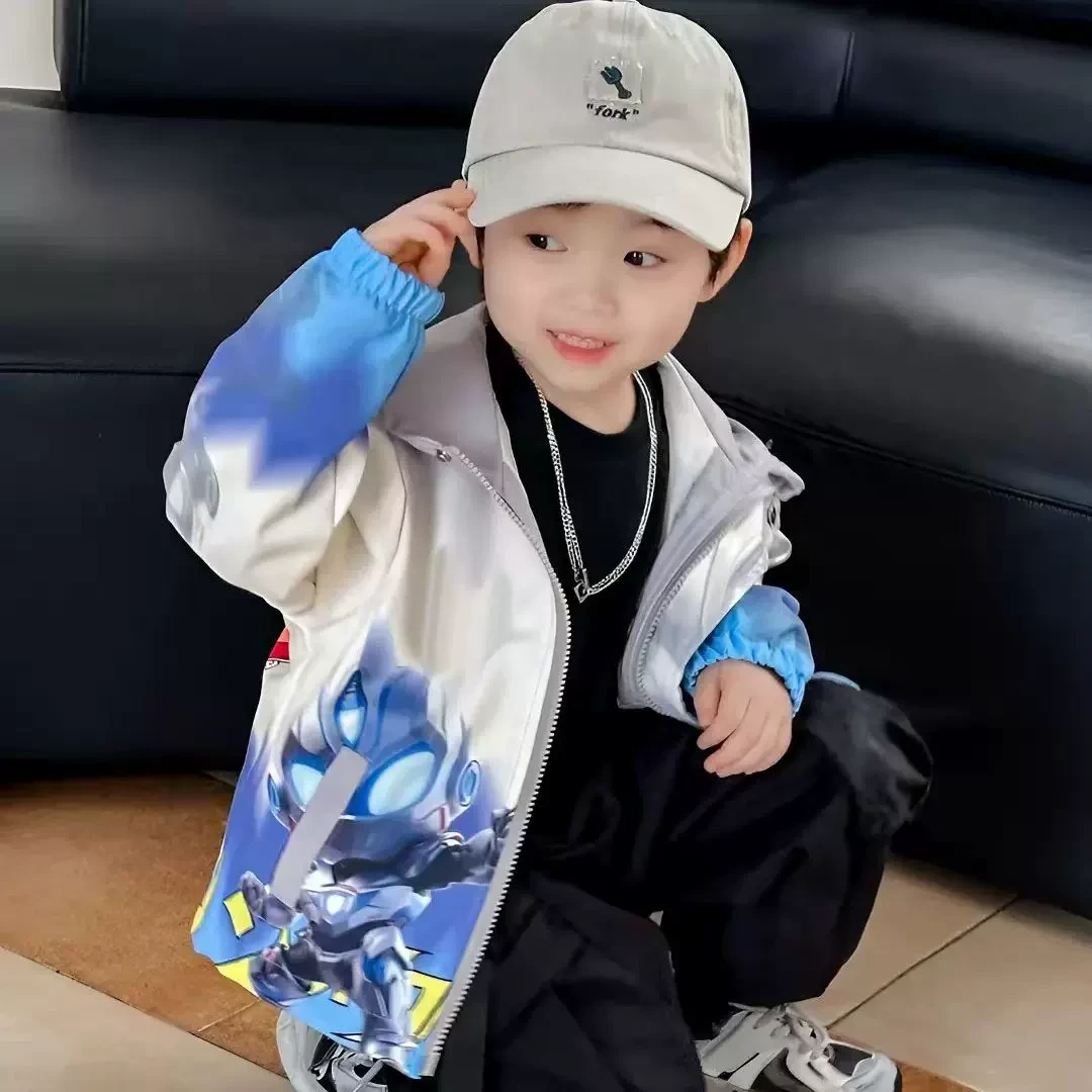 110 尺码新款奥特曼酷帅宝宝连帽加绒棉服防风冲锋衣男童春秋