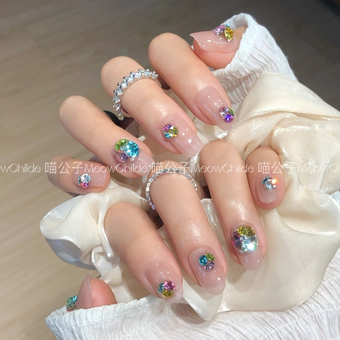喵公子【克拉彩虹】【施家全华钻】纯手工穿戴甲可拆卸美甲光疗甲