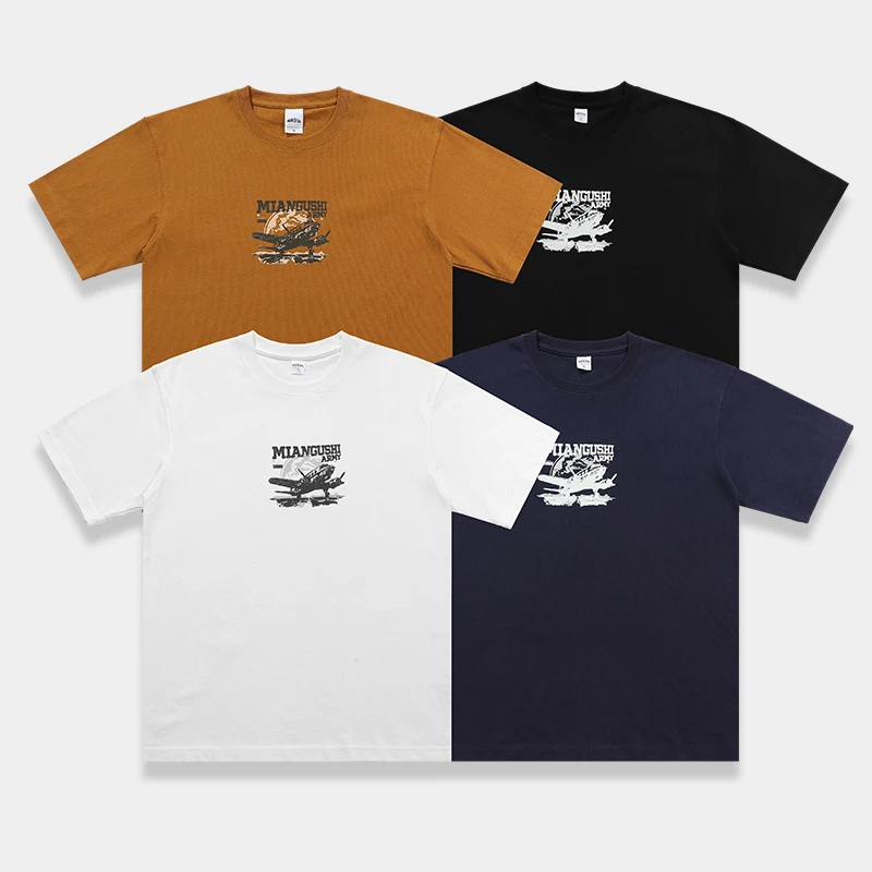 复古320g新疆棉百搭宽松重磅舒适纯棉圆领美式休闲飞机印花男t恤