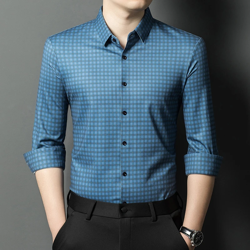 【专柜同款】2024秋冬新款男士绵羊毛无痕格子衬衫长袖时尚休闲上衣