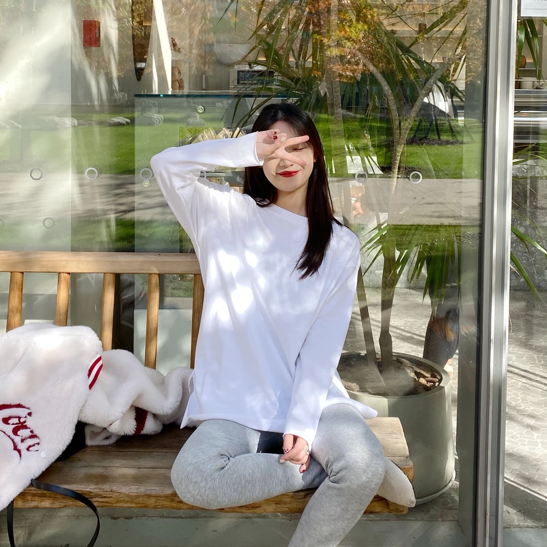 Ellen［王炸白t内搭］加厚磨毛长袖t恤开叉T白色中长款打底衫