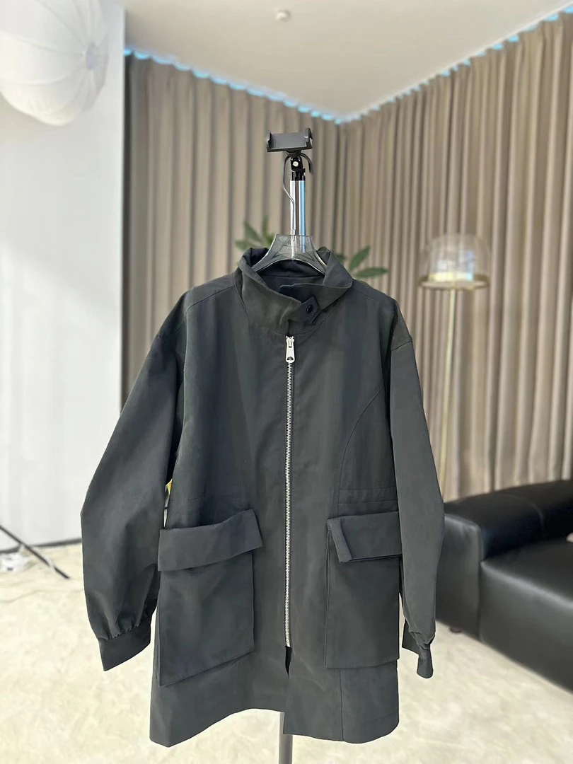 【柳青女装】2024秋季新款中长款收腰黑色时尚风衣外套