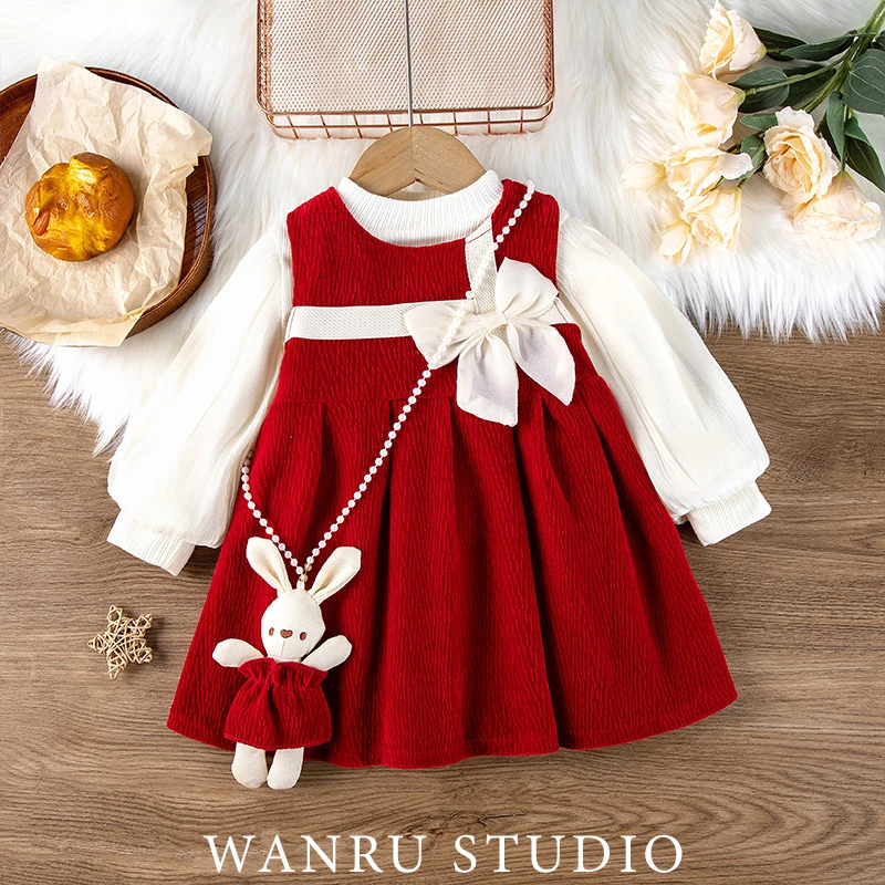【浅雪梅花】儿童女童喜庆拜年服套装童装毛绒加厚冬季针织二件红色
