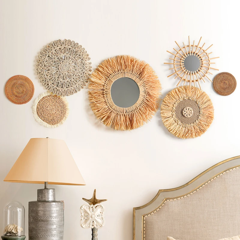 侘寂民宿风日式拉菲草手工草编织套装客厅壁饰玄关背景墙壁挂装饰