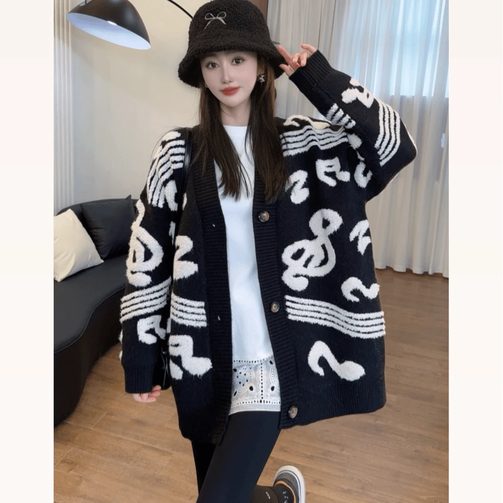 2024冬新款双面加厚提花设计感小众V领音符毛衣宽松百搭开衫外套