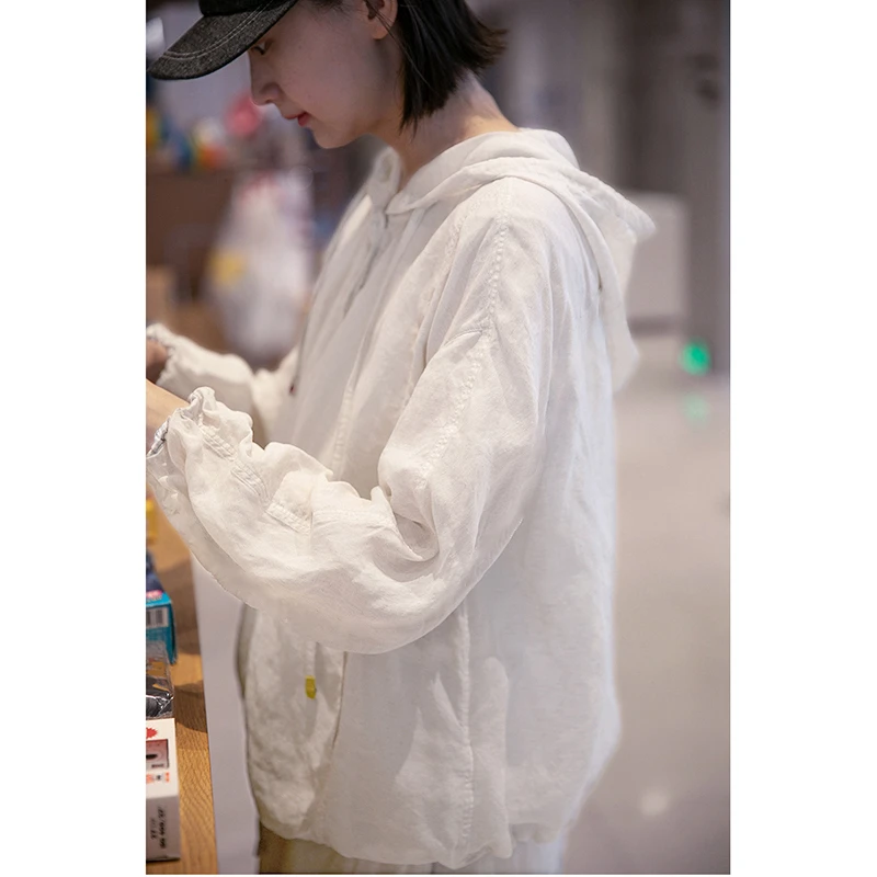 小白高货72英支白色纯亚麻防晒帽衫上衣长袖休闲百搭夏季透气立领